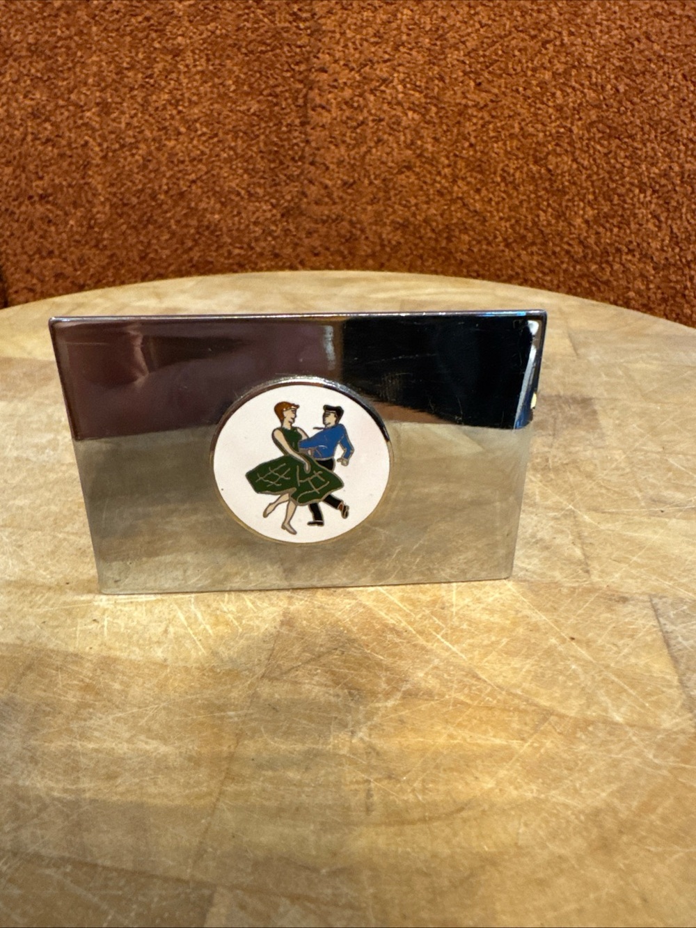 Silver-tone Metal belt buckle  with Dancing Couple Enamel Medallion